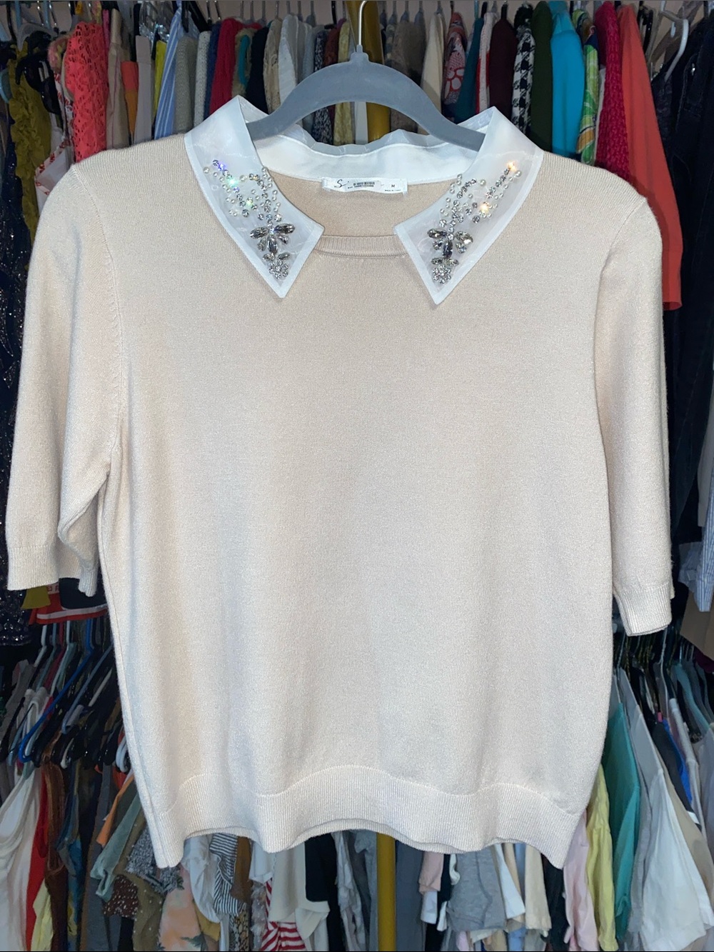 Sioni Crystal Embellished with Sheer Collar Sweater